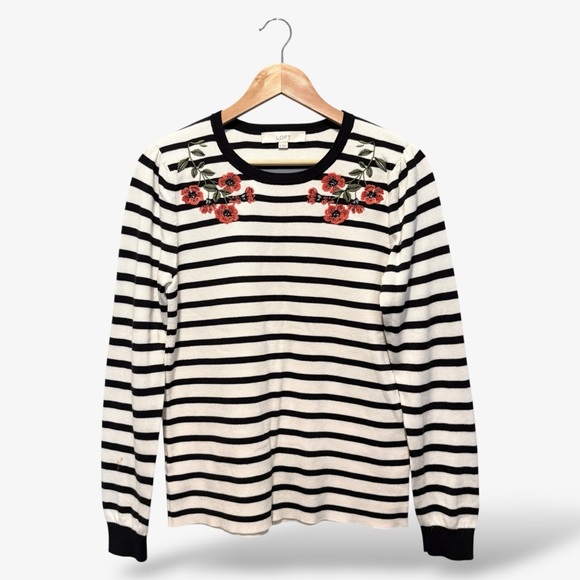 LOFT Sweaters - LOFT Black White Stripe Sweater Embroidered Floral Accent Size M Casual Whimsy